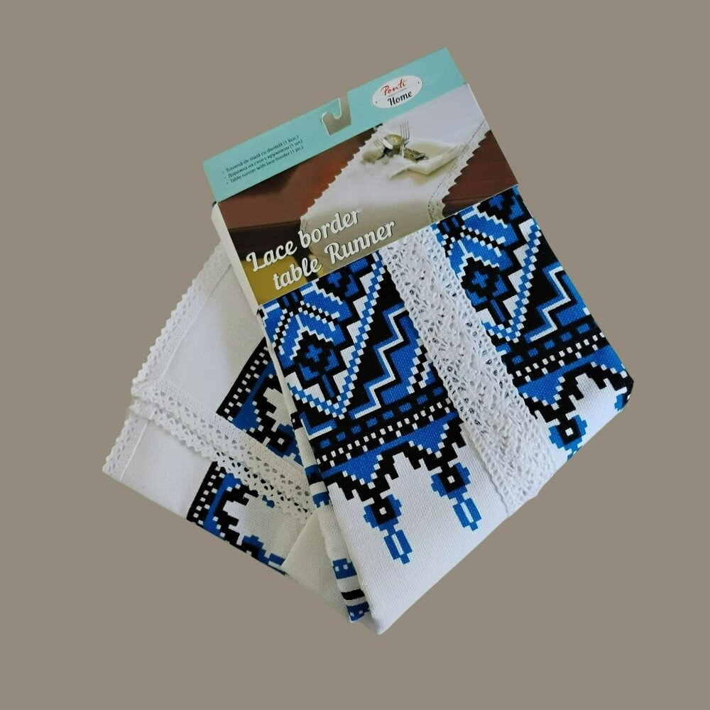 Vintage-Style Lace Border Table Runner, Blue Black Geometric Cotton by Ponti
